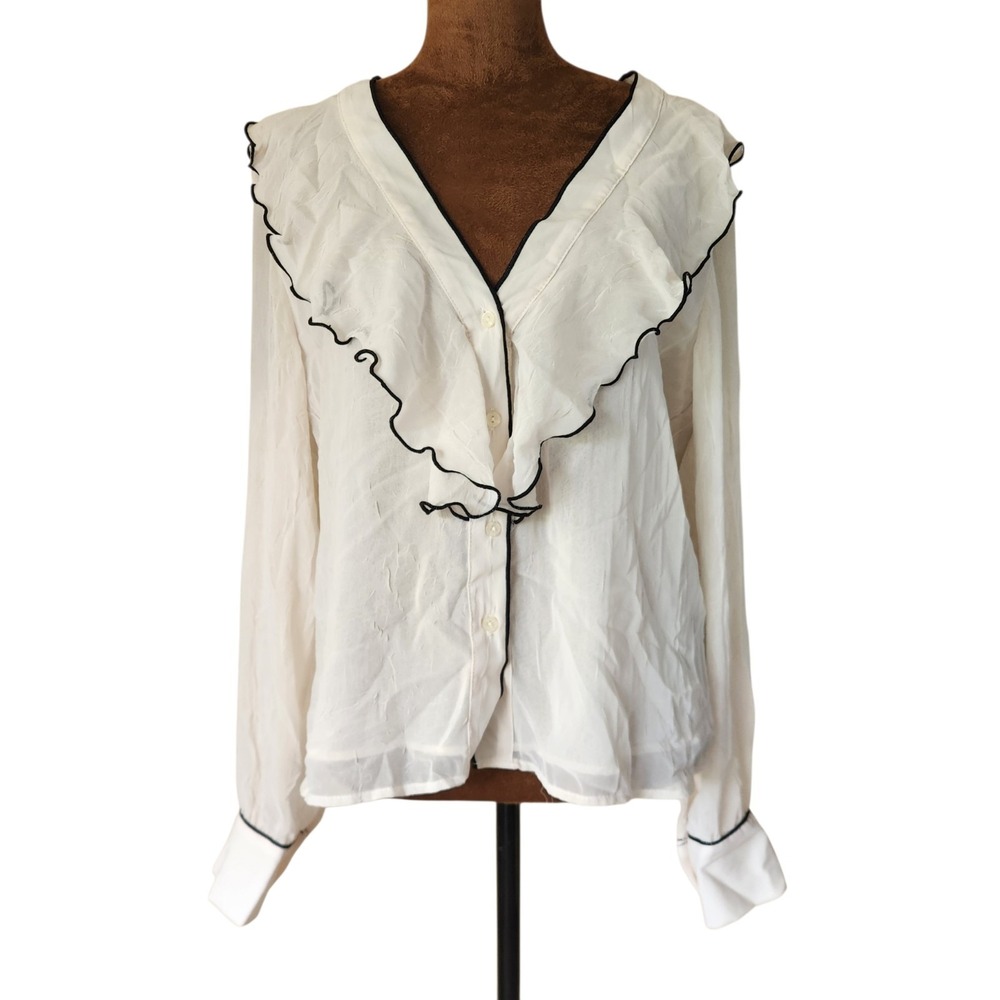 NWT ZARA Blouse Size S Cream Black Sheer Long Sleeve Career Office Workwear Top